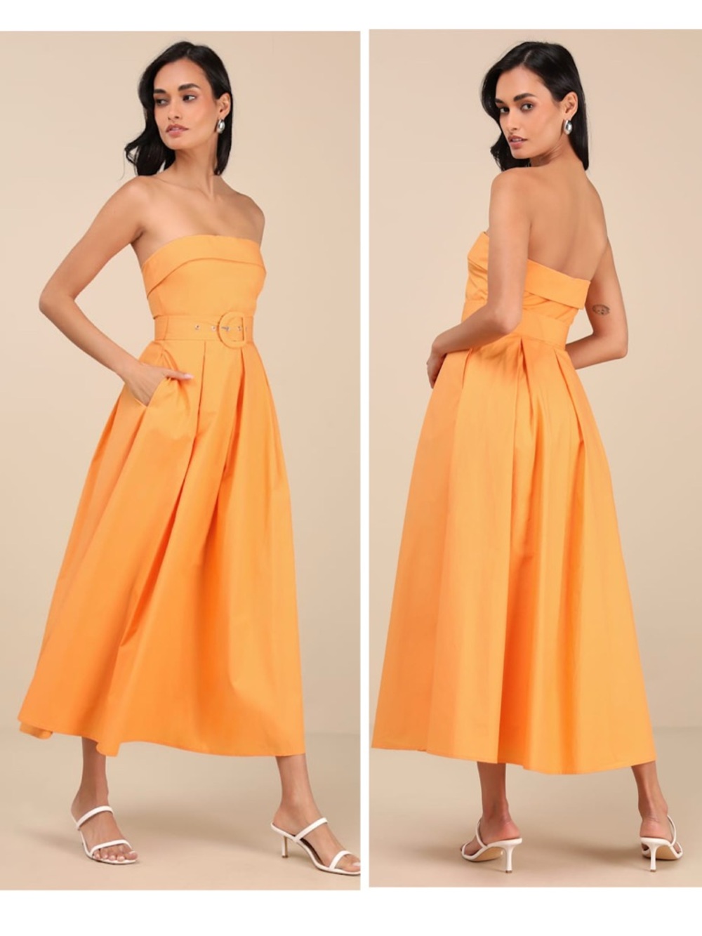 Lulus Trendsetting Choice Orange Strapless Midi Dress Pockets Size XS Cocktail